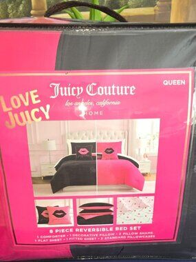 Juicy Couture Queen Bed Set 8 Pc Reversible Pink Black Comforter New 💕🛏️
